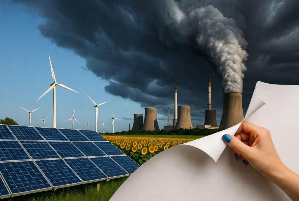 Transition énergétique : main révélant les énergies renouvelables derrière l'industrie fossile