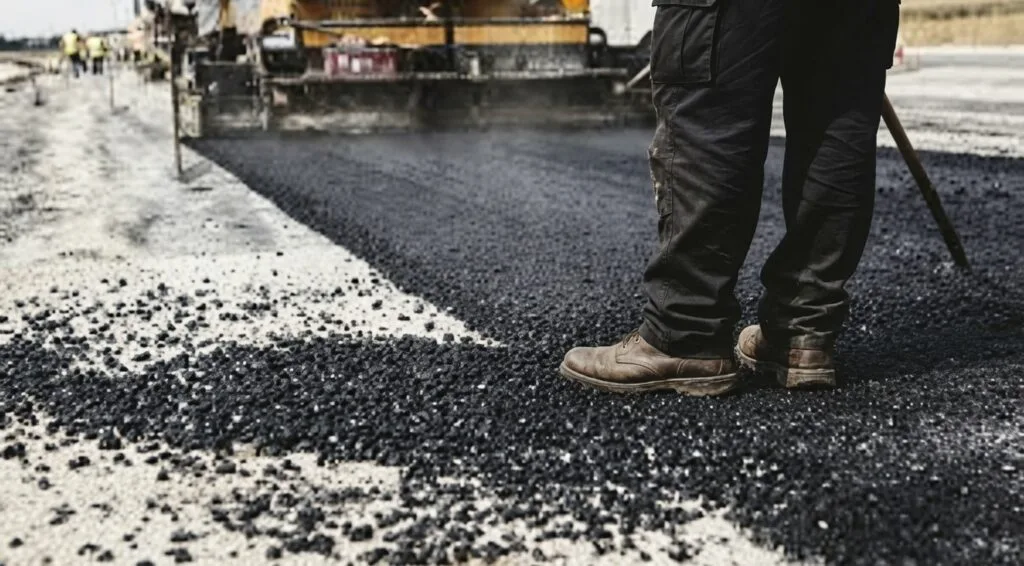 Application de bitume sur un chantier routier en Afrique