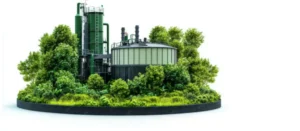 Unité de production de biogaz et biométhane entourée de végétation
