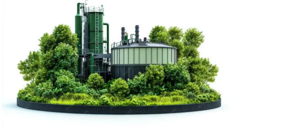 Unité de production de biogaz et biométhane entourée de végétation